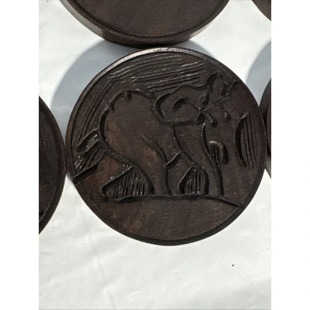 VTG Hand Carved African Ironwood Set of 6 Wooden Elephant Coasters Holder & Lid